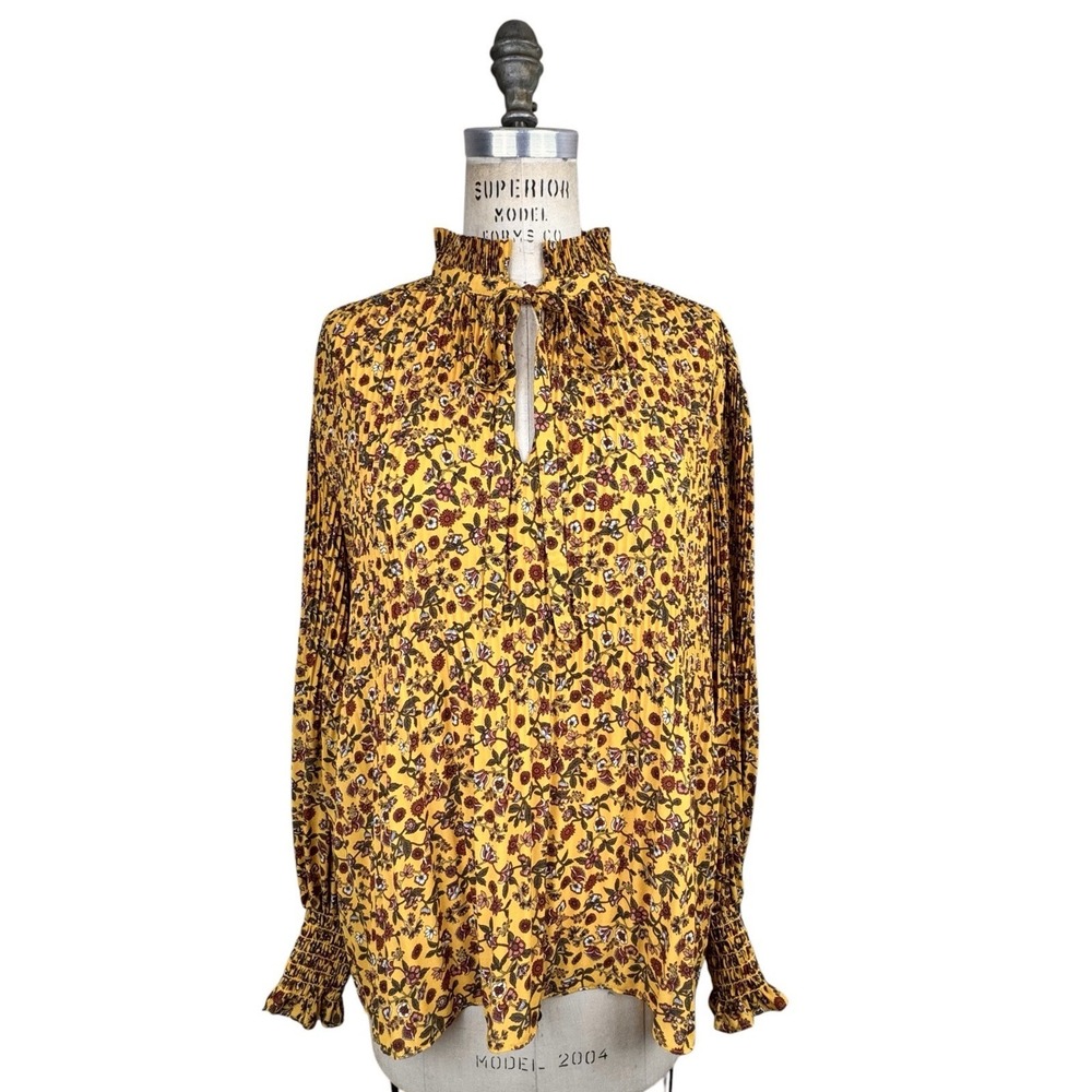 Max Studio Floral Blouse Womens L Yellow Ruffle Pleated Tie Neck Victorian Boho‎